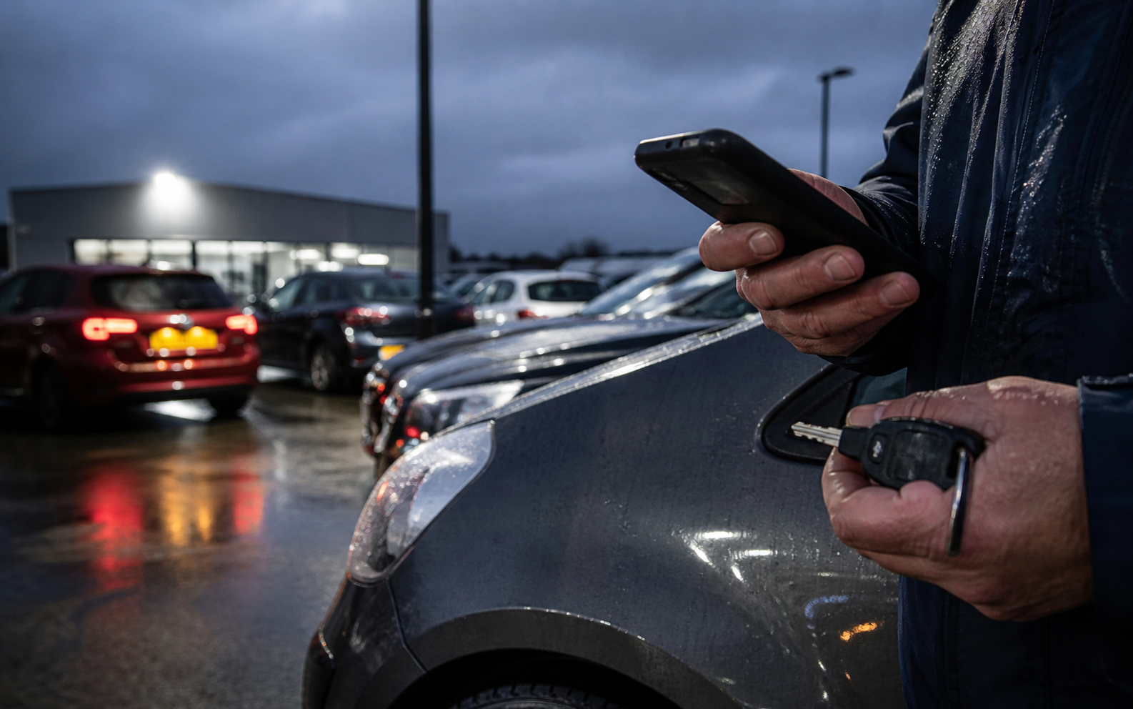 Hands holding a phone and keys on a rainy car forecourt